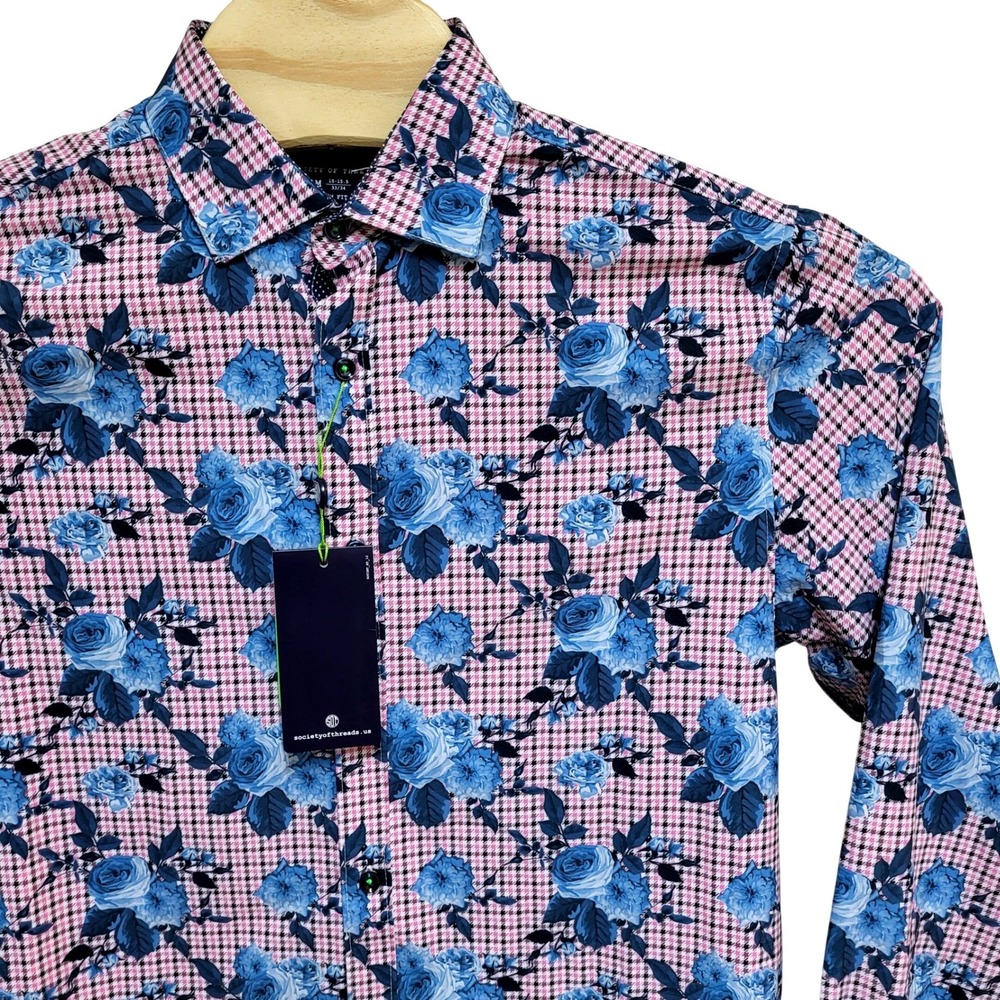 SOCIETY OF THREADS Medium Pink Blue Floral Houndstooth Slim Fit Button‎ Up Shirt